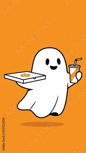 White ghost holding pizza box and soda on bright orange background, fun Halloween food delivery concept.