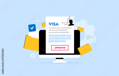 Online visa approved process with digital approval stamp for electronic overseas travel. National visa confirmation on desktop pc and paper document for digital nomad lifestyle vector illustration