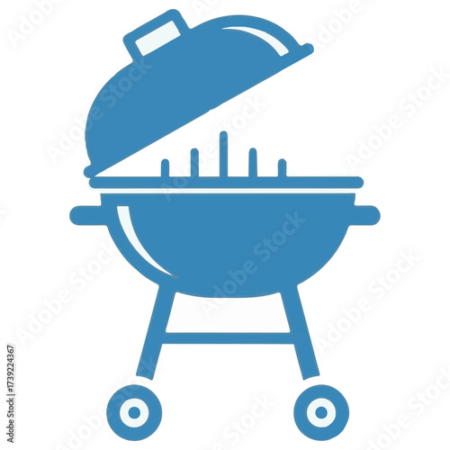 Blue Barbecue Grill Illustration with Open Lid and Wheels