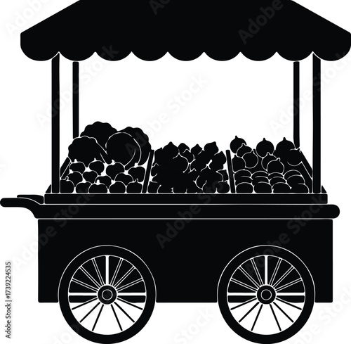 Vector silhouette food cart loaded with organic produce illustration