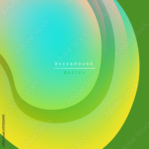 Abstract colorful layers create flowing design. Gradient transitions blend turquoise, green, yellow hues. Minimalist text present.