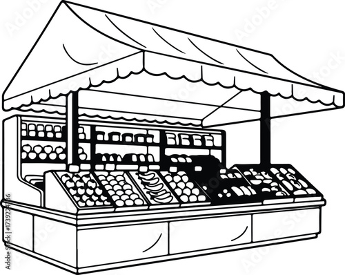 Vector silhouette fruit market stall with awning illustration