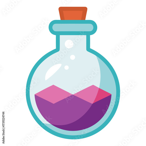 Round glass potion bottle with purple liquid and cork