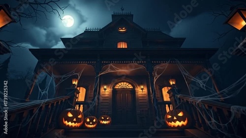 Old haunted Victorian house with jack-o’-lanterns and full moon in misty night sky, cinematic Halloween scene.