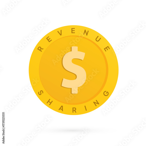 Revenue sharing icon vector illustration features golden coin with dollar symbol for affiliate profit distribution and business partnership incentives in financial models. Isolated profit sharing icon