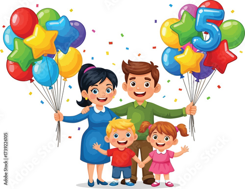Happy family celebrating birthday with balloons illustration of parents and children enjoying party