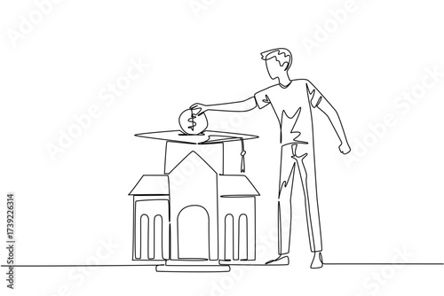 Single one line drawing a man puts coins into a graduation cap and the campus building below. College financing. For better future. College Savings Day. Continuous line design graphic illustration