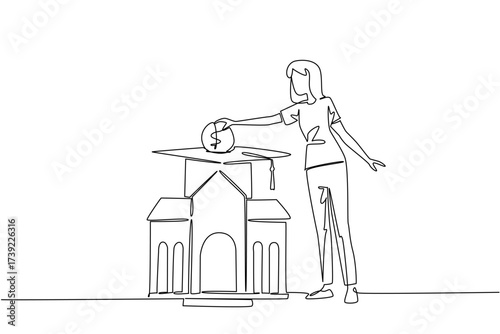 Continuous one line drawing a woman puts coins into a graduation cap and the campus building below. College fees. Financial education. College Savings Day. Single line draw design vector illustration