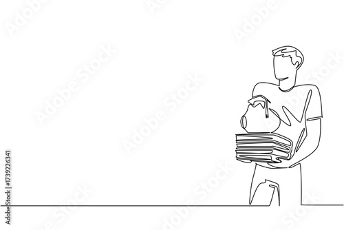Single continuous line drawing man carrying stack of thick books with piggy bank with a graduation cap on top. Preparing for higher education. College Savings Day. One line design vector illustration