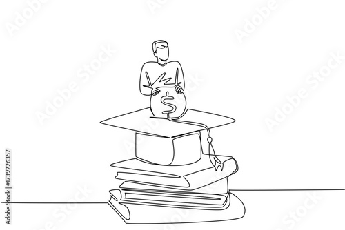Single continuous line drawing a man standing behind a graduation cap inserting coins into the graduation cap. Investing for a better future. College Savings Day. One line design vector illustration
