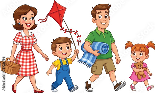 Happy family walking together parents and children go a picnic with a kite and a blanket a sunny day