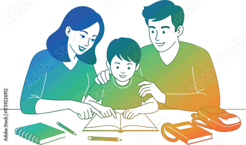 Parents are helping their son with his homework they are sitting at a table and reading a book together