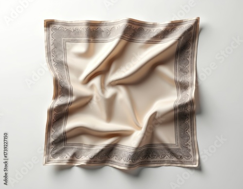 Elegant silk bandana with intricate border pattern. Versatile accessory perfect for fashion use, headwear, as stylish scarf. Drapes softly, offering luxurious feel. Neutral shade complements many
