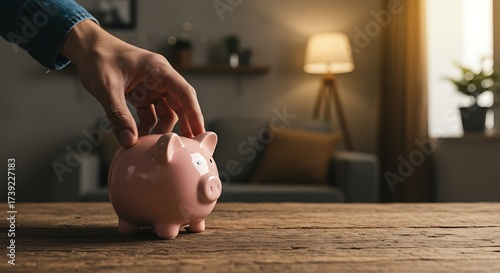 A person's hand gently places a pink piggy bank on a wooden table, symbolizing savings and financial planning
