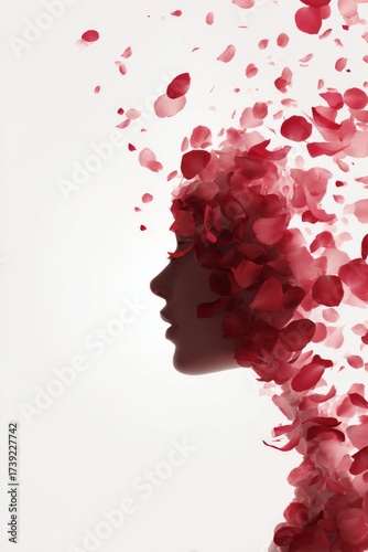 This artwork features a womans silhouette filled with vibrant red flower petals. The petals appear to flow from her head, creating a poetic and dreamy effect