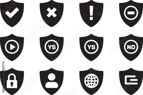 Shield icons featuring symbols like checkmark exclamation mark minus sign and lock symbol