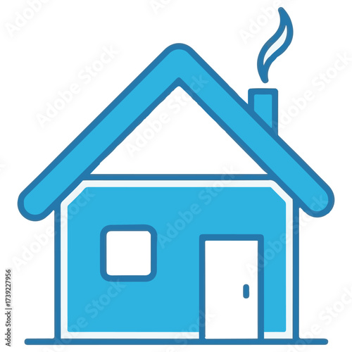 Stylized Blue House Icon with Chimney Smoke and Window
