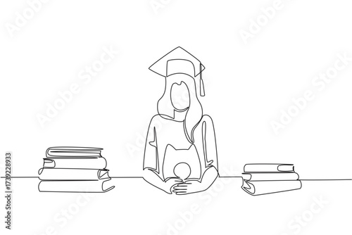 Single continuous line drawing a woman wearing a graduation cap holding a piggy bank and a stack of thick books. Prepare for higher education. College Savings Day. One line design vector illustration