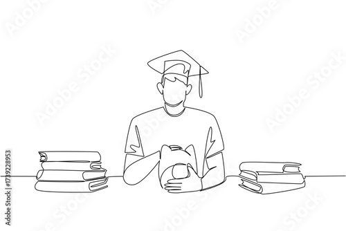 Single one line drawing a man wearing a graduation cap holding a piggy bank and a stack of thick books. Education for a better future. College Savings Day. Continuous line design graphic illustration