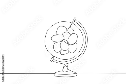 Single one line drawing a globe with a pile of potatoes in the middle. Symbolism of potato cultivation in the world. Tasty. International Day of the Potato. Continuous line design graphic illustration