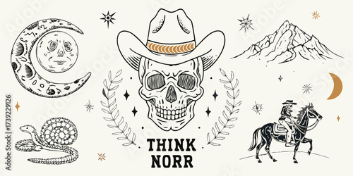 Mysterious western scene with skull cowboy hat moon snake mountain and horse rider