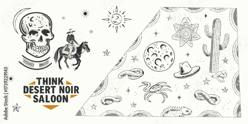 Whimsical desert noir saloon illustration with cowboy on horse and celestial elements