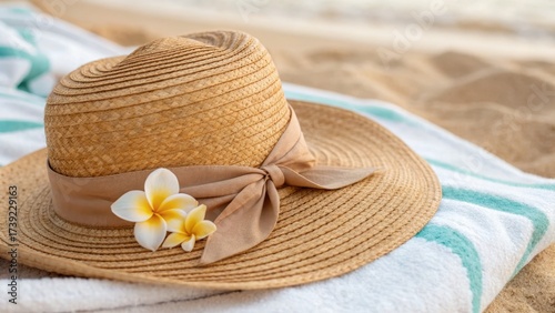 happy hawaii moments A straw hat with a flower rests on a towel by the beach, evoking relaxation and summer vibes.
