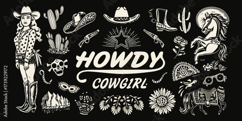 Howdy cowgirl western style illustration collection with cowboy boots hats horses and cacti