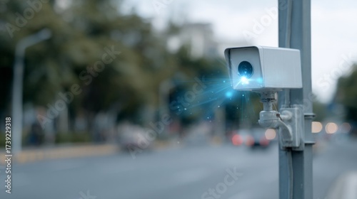 Wallpaper Mural Surveillance camera emits ethereal blue beam, urban vigilant watch, echoing Cybersecurity Awareness Month and Intrigued Minds Day, enigmatic Torontodigital.ca