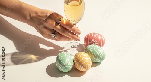 Womans Hand Reaching for Wine Amidst Colorful Easter Eggs.