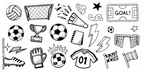 Collection of hand drawn soccer and sports icons with a trophy goal ball and jersey