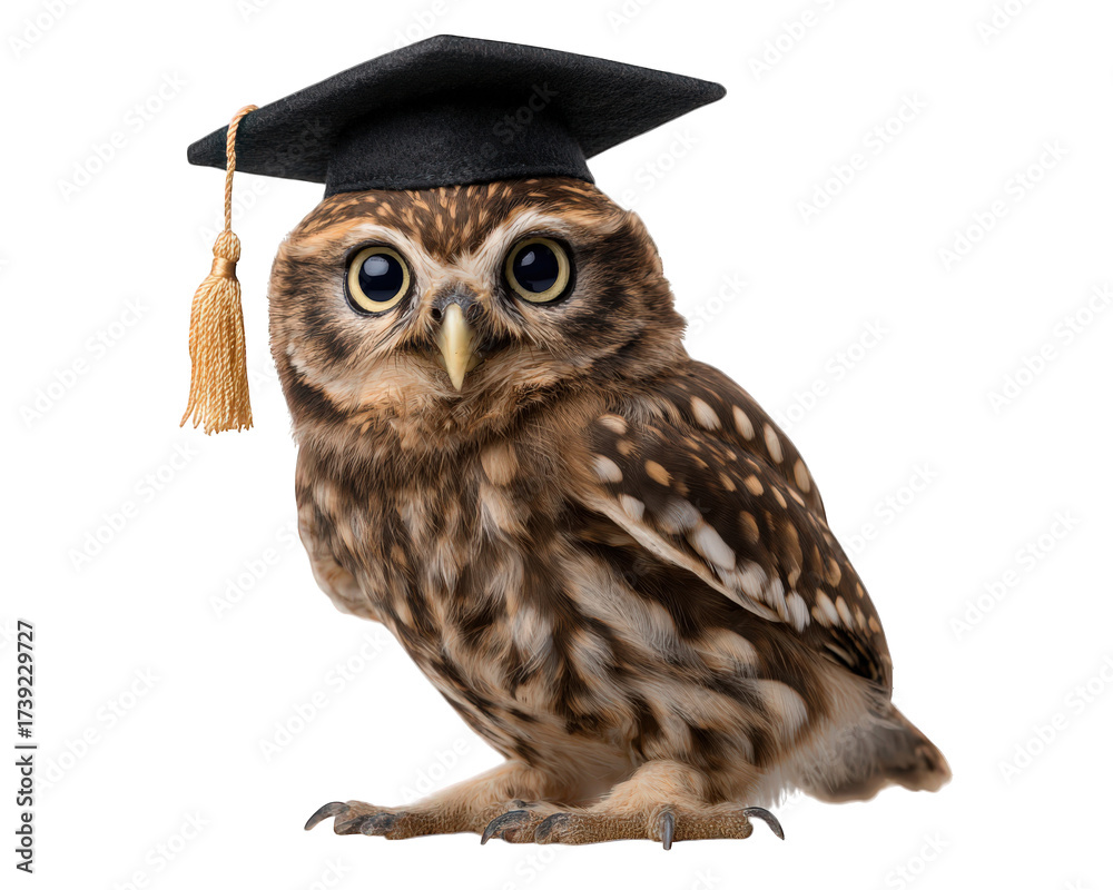 Naklejka premium Owl graduation cap academic symbol education wisdom mascot brown feather isolated success—Owl wearing graduation cap symbolizes academic achievement and wisdom perfect for educational themes