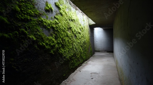 Dimly lit underground passage clad in emerald moss evokes eerie tranquility, echoing Earth Day simplicity and Solstice mysteries
