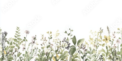 Wallpaper Mural Pastel Watercolor Meadow with Green Grass, Leaves, and Subtle Violet Flower Border Design. Torontodigital.ca