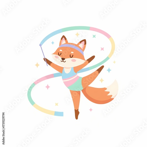 Cute Fox Gymnast With Ribbon. Animal Fitness