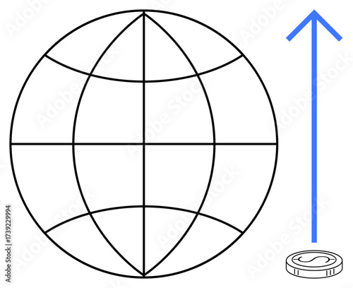 Globe with gridlines, upward arrow indicating growth, and coin symbolizing finance. Ideal for global trade, economy, financial growth, development, investment, success simple flat metaphor