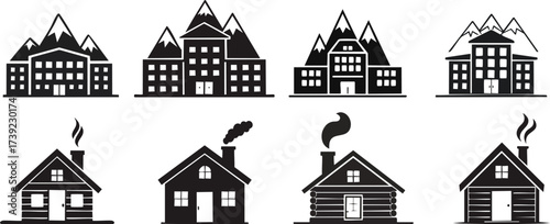 A collection of stylized black silhouettes of various houses and buildings, featuring mountains and smoke details, showcasing diverse architectural styles.