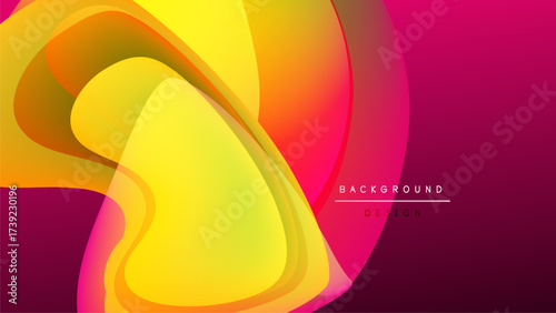 Abstract vibrant shapes overlap, creating dynamic colorful flow. Gradient transitions from yellow to pink dominate design. Black background enhances contrast.