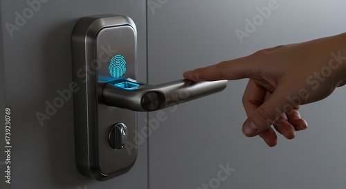 A hand touches the fingerprint scanner on a smart door handle for secure, keyless access to a smart home