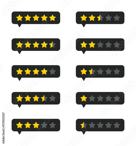 Collection of rating stars in speech bubble design, flat vector icons with half ratings from 0.5 to 5.0, customer feedback and review elements for apps, websites, ecommerce, and testimonial dashboards