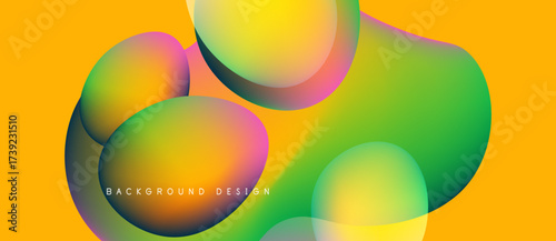 Vibrant fluid shapes overlap yellow backdrop. Gradient colors blend creating dynamic visual effect. Modern design element.