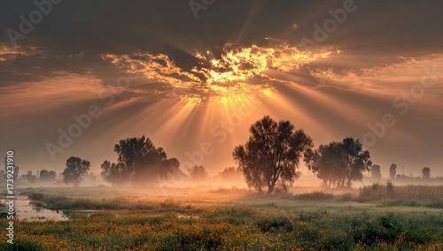 Sun rays burst through clouds, illuminating misty meadow with trees & subtle cityscape