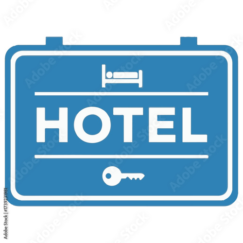 Vibrant Blue Hotel Information Sign with Bed and Key Icons