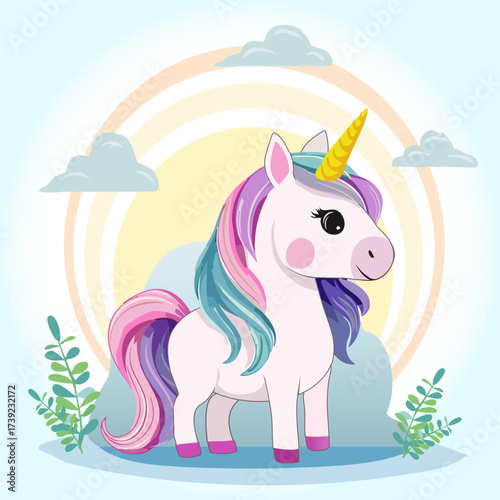Banner with a rainbow animal in the clouds.Vector illustration with a beautiful unicorn against the background of sun and clouds.