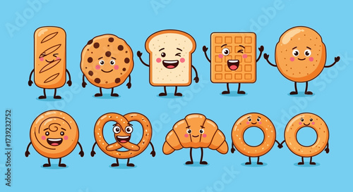 Cartoon funny bakery characters isolated vector illustration. Funny food face icon. Bakery emoji. Funny cookies, laughing bread. Cartoon emoticon face of food. Gloomy croissant, pretzel. Funny food.