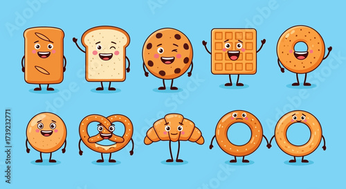 Cartoon funny bakery characters isolated vector illustration. Funny food face icon. Bakery emoji. Funny cookies, laughing bread. Cartoon emoticon face of food. Gloomy croissant, pretzel. Funny food.