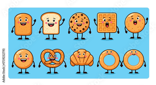 Cartoon funny bakery characters isolated vector illustration. Funny food face icon. Bakery emoji. Funny cookies, laughing bread. Cartoon emoticon face of food. Gloomy croissant, pretzel. Funny food.