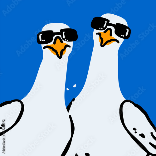 A trendy illustration of two cool seagulls wearing sunglasses. This modern art captures a fun, quirky moment, perfect for summer, vacation, or humorous projects