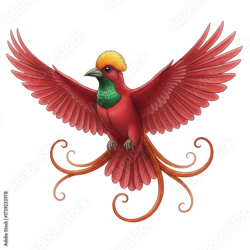 Colorful bird of paradise spreads its wings wide