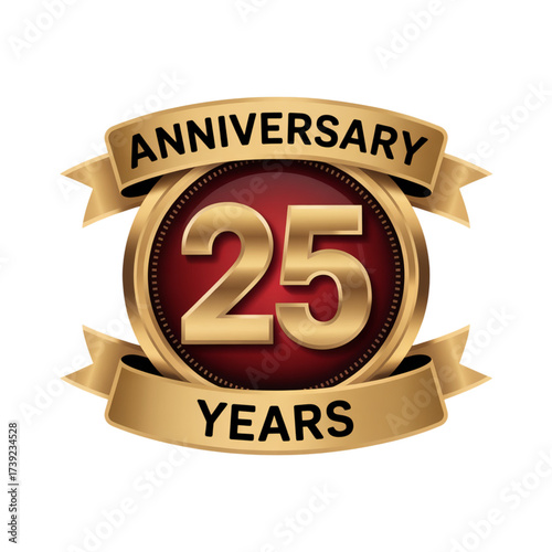 Golden 25th anniversary badge with red ribbon, celebrating twentyfive years of achievement, isolated on transparent background